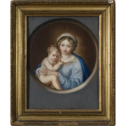 Italien, um 1800. Madonna mit Kind im runden Bildausschnitt. Pastell. 27,5 x 21,5 cm.