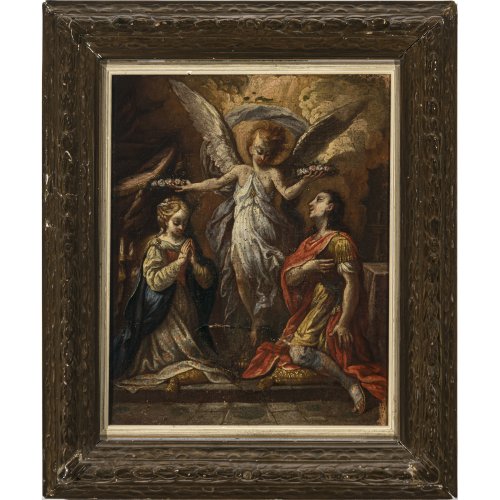Italien, 17. Jh. Vermählung der hl. Cäcilie mit Valerianus. Öl/Lw. 42 x 34 cm. Besch., rest., doubl. Unsign.