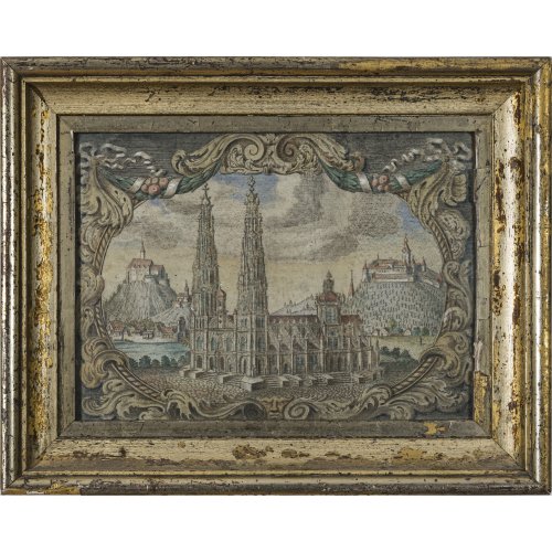 18. Jh. Domansicht in Volutenkartusche. Kol. Kupferstich. 18 x 25 cm. Besch.