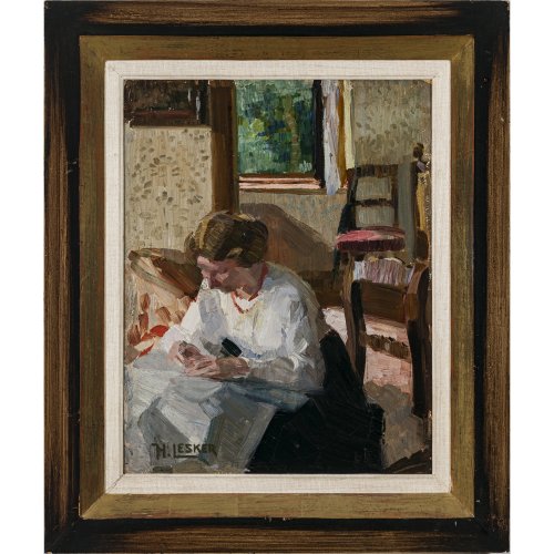 Lesker, H. Mädchen bei der Näharbeit. Öl/Malkarton. 45 x 35 cm. Sign.