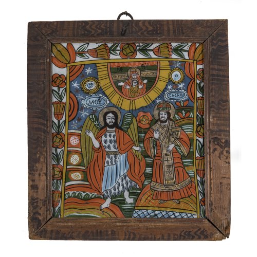 Hinterglasbild. Rumänien, 19. Jh. Darstellung des Hl. Nikolaus mit Engel. Tempera/Glas. 51x 48 cm. Minim. Farbablösungen.