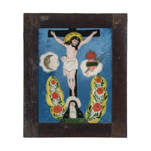 Hinterglasbild. Spanien, 19. Jh. Jesus am Kreuz. Tempera/Glas. 27 x  21,5 cm. Minim. Farbablösungen.