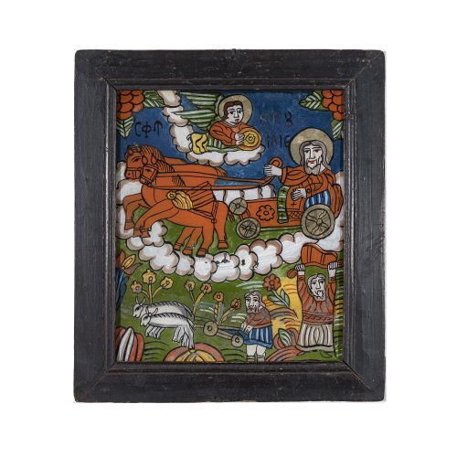 Hinterglasbild. Rumänien, 19. Jh. Himmelfahrt des Hl. Elias. 38 x 36 cm.  Minim. Farbablösungen.