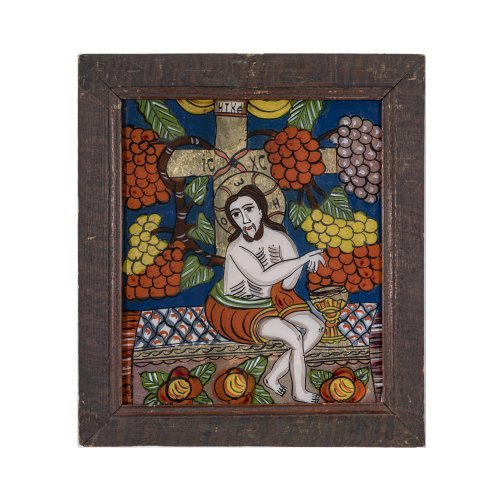 Hinterglasbild. Rumänien, wohl Scheii Brasovului, 19. Jh. Christus als Weinstock. Tempera/Glas. 39 x 38 cm. Minim. Alterungsspuren.