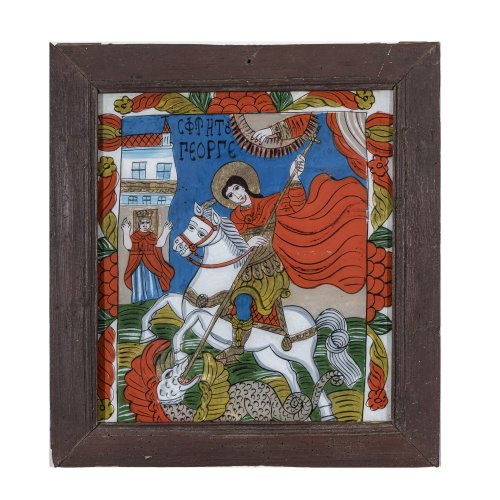 Hinterglasbild. Rumänien, 19. Jh. Darstellung des Heiligen Georg. Tempera/Glas. 40 x 36 cm. Minim. Alterungsspuren.