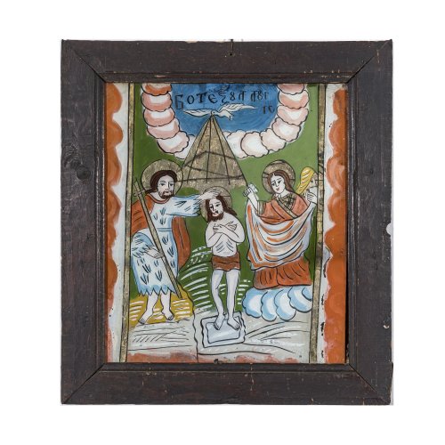 Hinterglasbild. Rumänien, wohl Scheii Brasovului, 19. Jh. Darstellung der Taufe Christi. Tempera/Glas. 38 x 33 cm. Minim. Farbablösungen.
