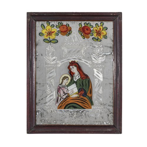 Hinterglasbild. Rumänien 19. Jh. Anna lehrt Maria das Lesen. Tempera/Spiegelglas. 37,5 x 28,5 cm. Abrieb.