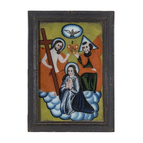 Hinterglasbild. Buchers/Sandl, 19. Jh. Krönung Mariens. Tempera/Glas. 30 x 20 cm. Feiner Abrieb.
