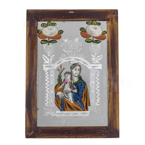 Hinterglasbild. Rumänien, 19. Jh. Joseph mit Jesuskind. Tempera/Spiegelglas. 28 x 18,5 cm. Feinster Abrieb.