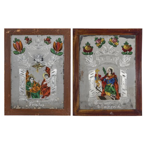 Zwei Hinterglasbilder. Nordböhmen, 19. Jh. Darstellung der Tritinas und des Hl. Emmerich. Tempera/Spiegelglas. Je 37,5 x 28 cm. Abrieb.