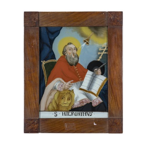 Hinterglasbild. Murnau, 18./19. Jh. Heiliger Hieronymus mit Löwe. Tempera/Glas. 25 x 19 cm. Minim. Abrieb.