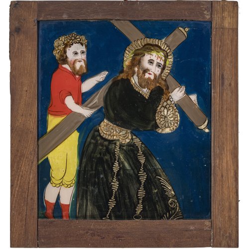 Hinterglasbild. Spanien oder Böhmen, 19. Jh. Kreuztragung. Tempera/Glas. 34 x 30 cm. Minim. Farbablösung.