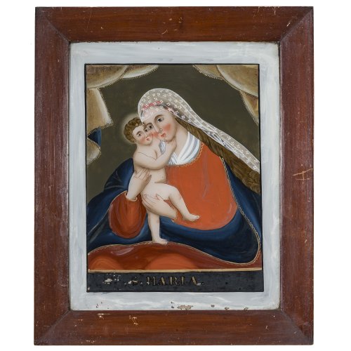Hinterglasbild. Süddt., 19. Jh. Maria Hilf. Tempera/Glas. 40 x 32 cm. Teilw. Abrieb.