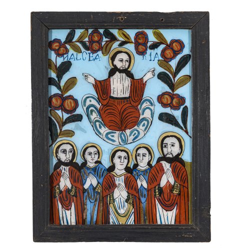 Hinterglasbild. Rumänien, 19. Jh. Himmelfahrt Christi. Tempera/Glas. 42 x 31 cm. Minim. Farbablösung, rest.