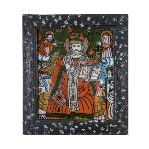Hinterglasbild. Rumänien, wohl Scheii Brasovului, 19. Jh. Darstellung des Hl. Nikolaus. Tempera/Glas. 34 x 28 cm. Farbablösungen.