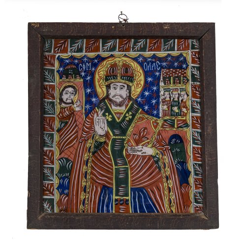 Hinterglasbild. Rumänien, 19. Jh. Heiliger Nikolaus. Tempera/Glas. 59 x 52 cm. Teilw. Farbabrieb.