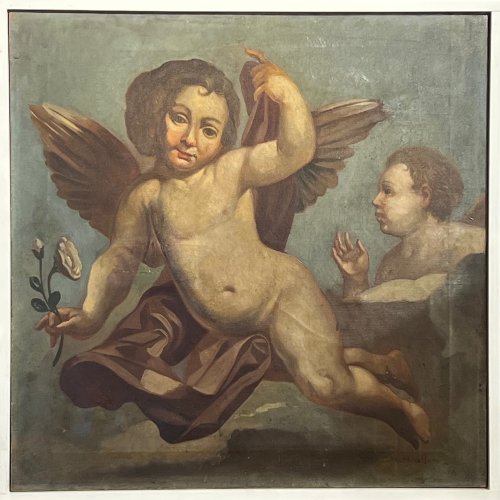 Nothelfer, G., 19. Jh. Zwei Gemälde mit kleinen Putti, die Blumen in ihren Händen halten. Öl/Lw. je ca. 58 x 58 cm.  Rest., sign.