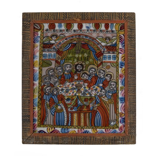 Hinterglasbild. Wohl Kronstadt, 19. Jh. Darstellung des Letzten Abendmahls. Tempera/Glas. 61 x 50 cm. Minim. Farbablösung, rest.