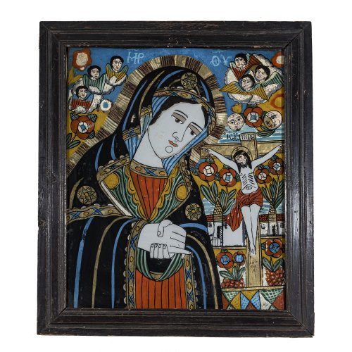 Hinterglasbild. Rumänien, 19 Jh. Trauernde Mutter Gottes. Tempera/Glas. 61 x 51 cm. Farbabrieb.