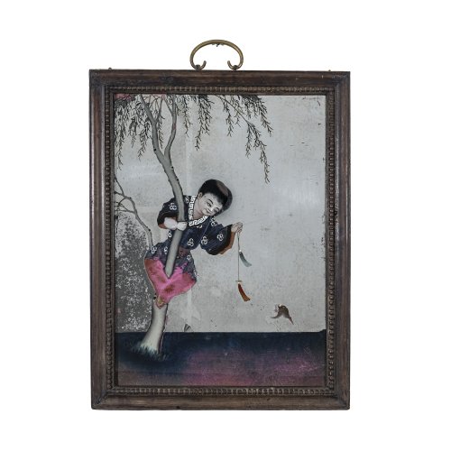 Hinterglasbild.China, 19. Jh. Spielender Junge mit Kröte. Tempera/Spiegelglas. 41 x 31 cm. Minim. Farbablösung, rest.