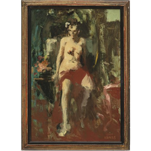 Israels, Isaac, zugeschrieben. Sitzender Mädchenakt. Öl/Holz. 54 x 37 cm. Bez.