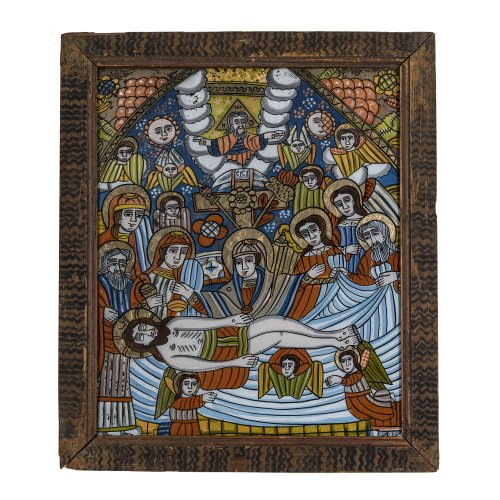 Hinterglasbild. Wohl Kronstadt, 19. Jh. Beweinung bzw. Grablegung Jesu. Tempera/Glas. 62 x 51 cm. Teilw. Farbablösung.