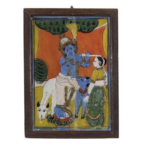 Hinterglasbild. Indien, 19. Jh. Darstellung des flötenden Krishna mit heiliger Kuh. Tempera/Glas. 36,5 x 25,5 cm. Minim. Farbablösung.