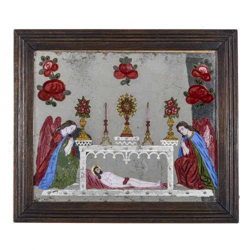Hinterglasbild. Slowakei, 19. Jh. Grablegung Jesu Christi. Tempera/Spiegelglas. 27,5 x 34 cm. Minim. Ablösung.