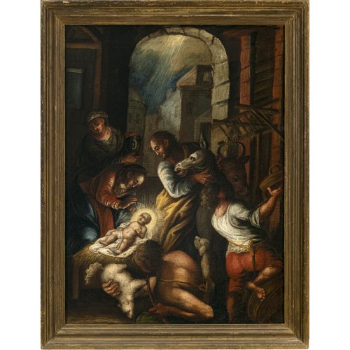 Italien, 18./19. Jh. Anbetung der Hirten. Öl/Lw. 73 x 53 cm. Minim. Alterungsspuren, rest., doubl.