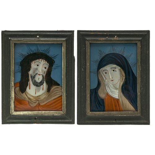Zwei Hinterglasbilder. Sandl oder Buchers, 19. Jh. Tempera/Glas. Jesus Christus und Maria. Ca. 18,5 x 12,5 cm. Leichte Farbablösungen.