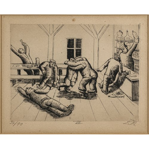 Dix, Otto. Matrosen im Wirtshaus. Radierung. 19,5 x 25,8 cm. Min. Stockfleckig. Nr. VII. Aufl. 24/70. Sign.