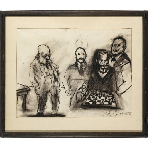 Hrdlicka, Alfred. Die Spieler. Kohle/Aquarell. 47 x 61 cm. Sign., dat 1982.