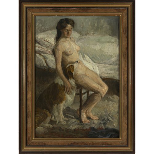 Knoebel, Robert. Sitzender Mädchenakt mit Hund. Öl/Lw. 65 x 45 cm. Sign.