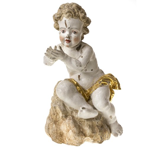 Adorierender Putto. Holz, übergangene Farbfassung. Besch. H. 60 cm.