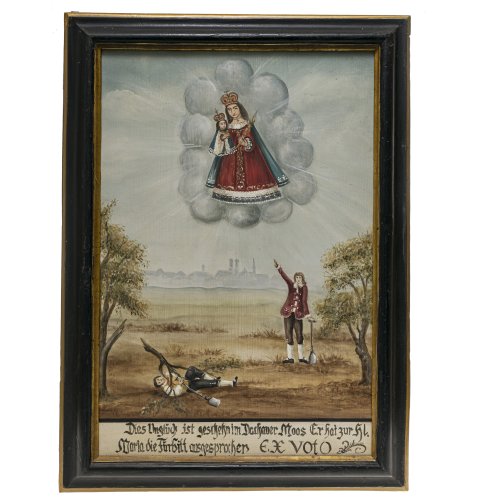 Votivtafel. Rettung nach Unglück im Dachauer Moos, im Hintergrund München. Neuzeitlich. 60 x 41 cm.