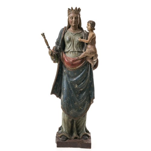 Madonna mit dem Kind. Ende 19. Jh. Holz, übergangene Farbfassung. Standfigur. Rücks. summarisch gearbeitet. H. 52,5 cm. Leicht besch., rep.