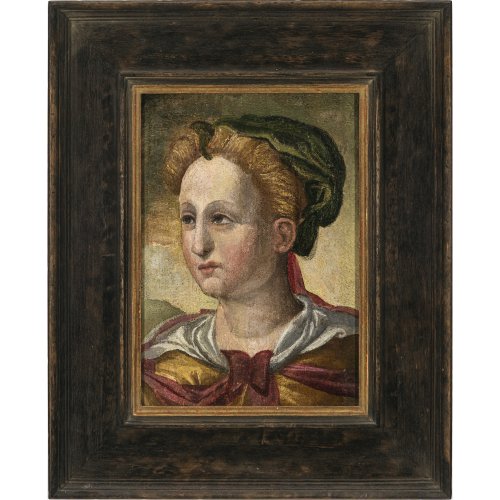 Italien, wohl 16. Jh. Porträt einer höfischen Dame. Öl/Holz. 29 x 20 cm. Rest. Unsign.