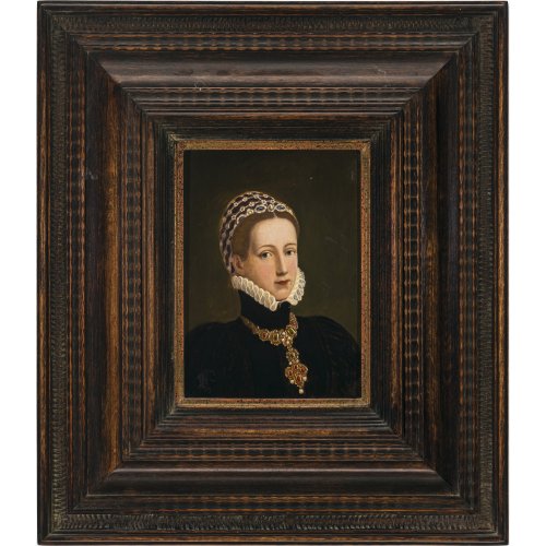 Italien, im Stil des 16. Jahrhunderts. Brustporträt der Maria de Medici. Öl/Holz. 18 x 13 cm. Leicht besch. Unsign.
