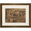 19./20. Jh. Junge Bauernfamilie mit Ochsengespann bei der Rast. Bleistiftzeichnung. 22 x 32 cm. Monogr. 