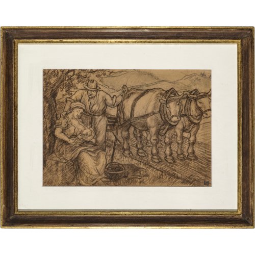 19./20. Jh. Junge Bauernfamilie mit Ochsengespann bei der Rast. Bleistiftzeichnung. 22 x 32 cm. Monogr. 