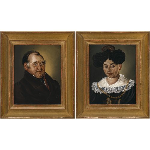Schlapprizi, Caspar. Porträts der Eheleute de Pay Stadtwirth. Öl/Metall. Je 31 x 24 cm.