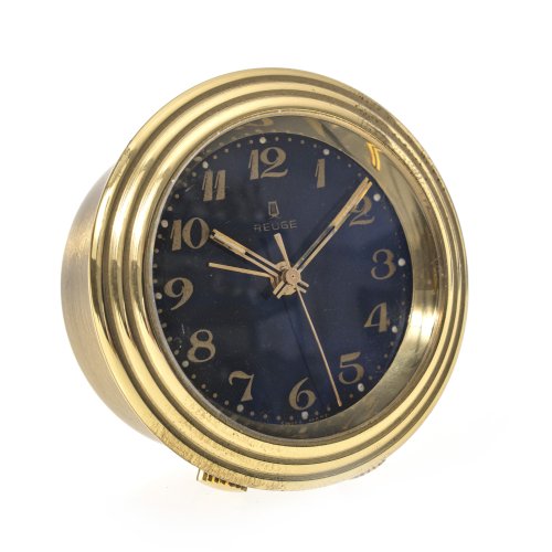 Kleine Uhr mit Musikspielwerk. Firma Reuge. Rundes Messinggehäuse, blauer Zifferblatt. ø 4 cm.