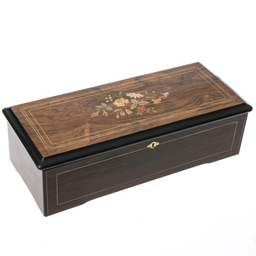 Musikspieldose. Nicole Frères, um 1911. Nr. 50211. Holz, teilw. intarsiert, Schwarzlack. 15,5 x 55 x 23 cm. In der Schweiz vor ca. 15 Jahren fachmännisch überholt.