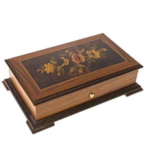 Musikspieldose. Reuge, 20. Jh. Holz, Blumenmotiv. 8,5 x 29 x 18 cm. Mit drei Melodien. The Thieving Magpie. Bez. Reuge Music, Sainte-Croix, Nr. 14669.