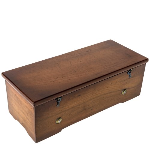 Musikspieldose. LeCoultre. Holzgehäuse, Walzenspielwerk. 11 x 33 x 14 cm. Alterungsspuren, ein Teil fehlt, In der Schweiz vor ca. 15 Jahren fachmännisch überholt.