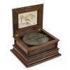 Polyphon-Musikspieldose. Deutsch, 19./20. Jh. Hersteller Polyphon-Musikwerke AG (mit Schutzmarke). Mit originalem Kurbelantrieb. Zusätzlich 39 Lochplatten, alte und neue. Furnier besch., in der Schweiz vor ca. 15 Jahren fachmännisch überholt. 1 Gehäuseschlüssel, 2. Gehäuseschlüssel für Schublade fehlt. 32 x 62 x 51 cm.
