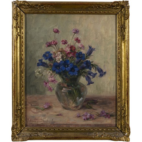 Destouches, Johanna von. Kleiner Sommerblumenstrauß in einer Vase. Öl/Leinwand. 36,5 x 29 cm. Sign.