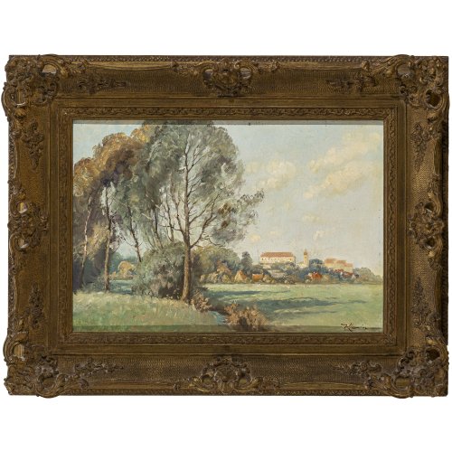 Klein, Deutsch, 20. Jh. Blick auf Schloss Dachau. Öl/Lw. 35 x 50 cm. Sign.