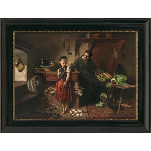 Max, Michael. Der zerbrochene Teller. Öl/Lw. 59 x 82 cm. Rest. Sign., dat. 1864.