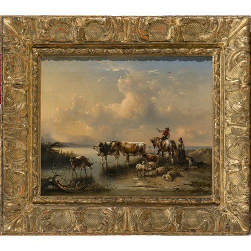 Gauermann, Friedrich und Wilhelm Pollack. Kühe und Schafe mit Hirten an einem Seeufer. Öl/Lw., 53 x 67 cm. Sign., dat. 1856, bez.: Pöllak / Gauermann.
